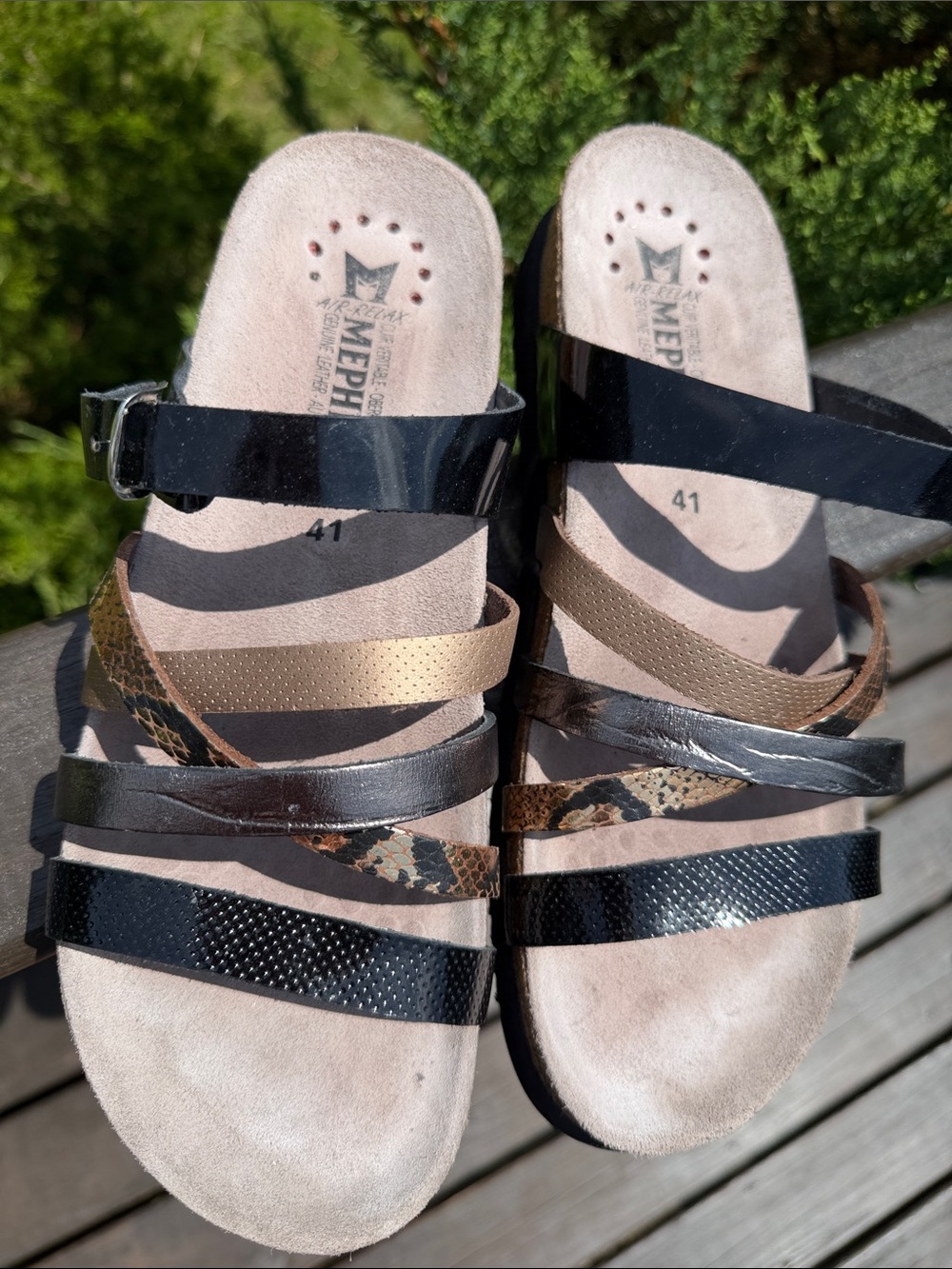 Mephisto Women's Multi-Strip Slide Sandal in Black, Brown and Gold